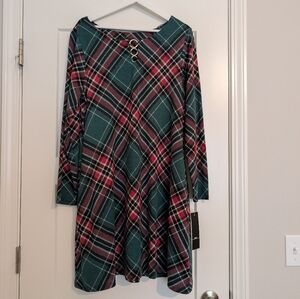 R&K Plaid Dress with Gold Ring Accent Detail Green Red Size 14